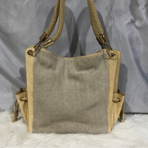 Super Rare Michael Kors Skorpios Beaded Genuine Linen Embossed Tote Bag EUC - Picture 8 of 16